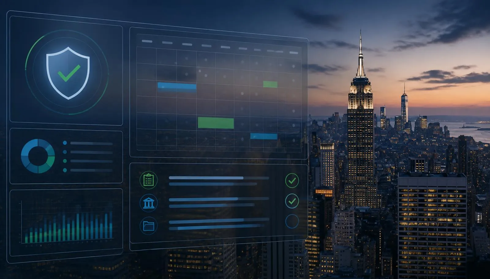 New York City skyline at dusk behind a compliance dashboard showing a shield icon, regulatory calendar, and checklist panels representing SHIELD Rule readiness for debt collection agencies.