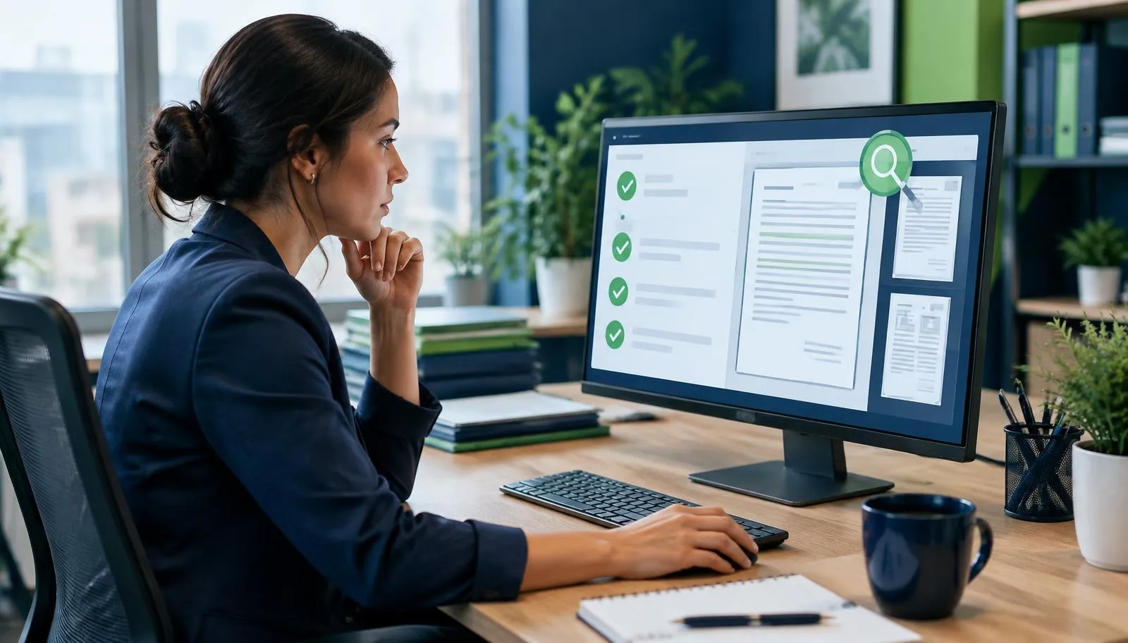 Quality assurance analyst reviewing a consumer dispute file and checklist on a large monitor in a modern office.