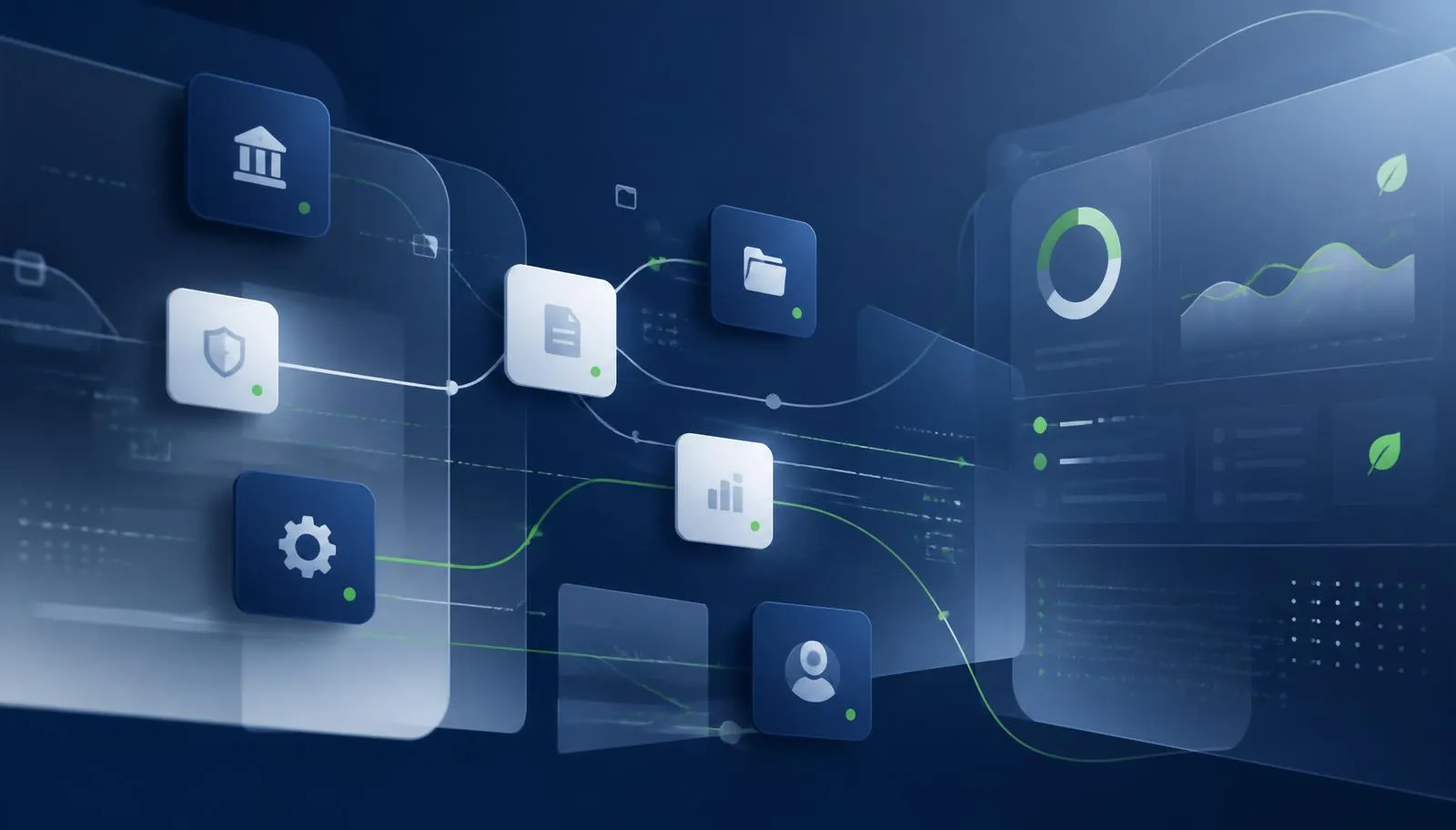 Abstract enterprise collections operations visualization showing intelligent workflow automation, performance dashboards, connected business systems, and productivity insights in a modern blue, gray, and white palette.