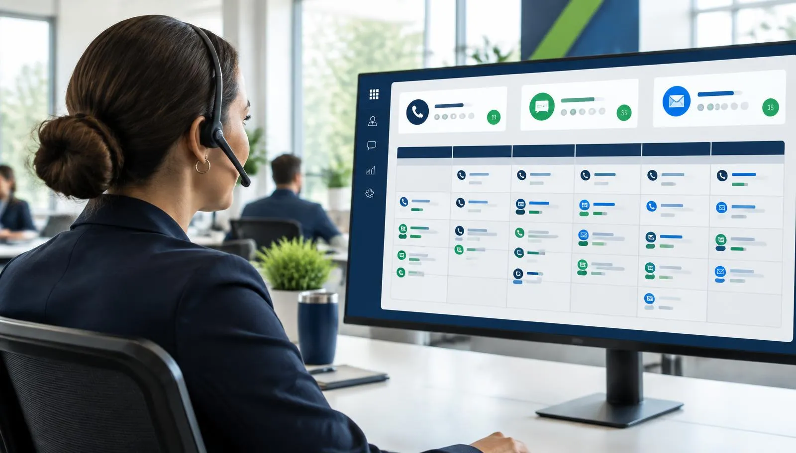 Contact center supervisor reviewing a weekly contact-frequency dashboard with phone, text, and email channels on a large monitor.