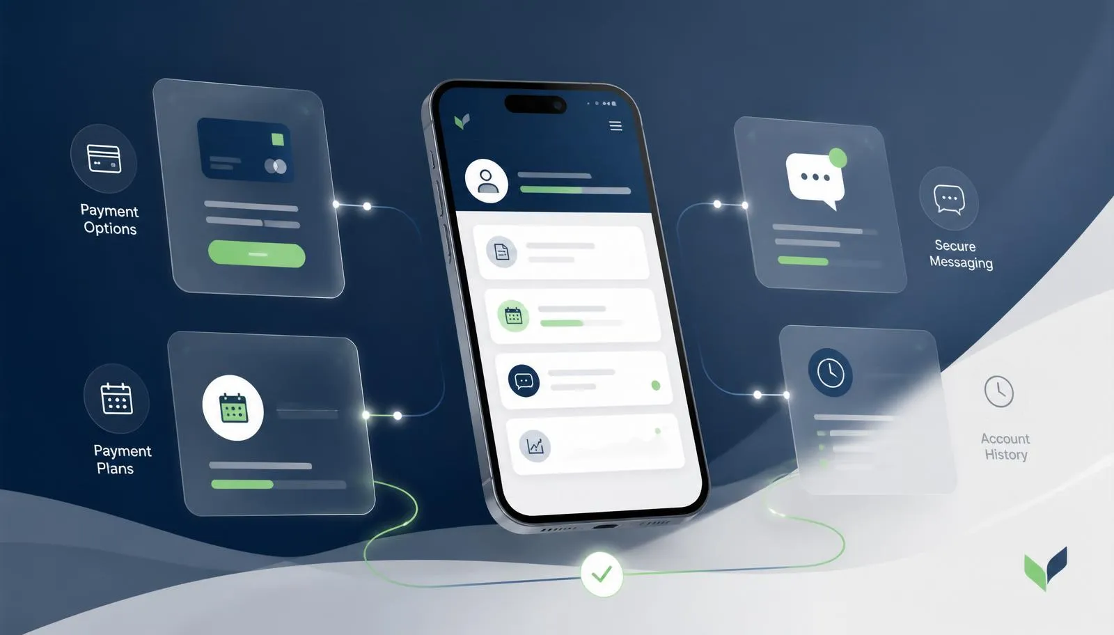 Modern self-service collections experience showing a consumer managing an account through a secure mobile-friendly portal with online payments, payment plans, digital communications, and account history in a clean blue, gray, and white enterprise aesthetic.
